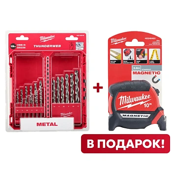 Набор сверл по металлу DIN 338 Milwaukee THUNDERWEB HSS-G (19 шт) (1-10мм) (замена для 4932352374) (Арт. 4932493869) + Рулетка магнитная Milwaukee Magnetic GEN III 10м / ширина 27мм (замена для 48227310) (Арт. 4932464601)