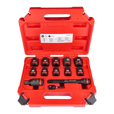 Набор головок ударных Milwaukee 1/2" (13 шт) (10, 12, 13, 14, 15, 17, 19, 21, 22, 24, переходник 1/4" Hex-1/2" квадрат, шарнирный адаптер 15°, удлинитель 150мм )  (замена для 4932478290) (Арт. 4932480456)