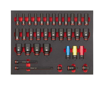 Набор головок ударных удлиненных Milwaukee 1/2'' (34 шт) (8, 9, 10, 11, 12, 13, 14, 15, 16, 17, 18, 19, 20, 21, 22, 23, 24, 25, 26, 27, 28, 29, 30, 32, 33, 36, автомобильные 17, 19, 21) в ложементе (Арт. 4932493394)